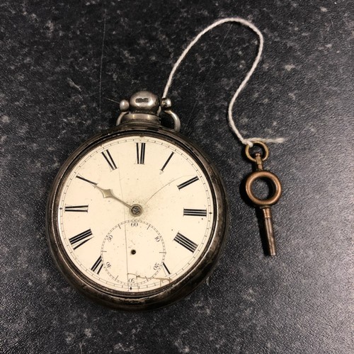 201 - Mid Victorian silver pear cased pocket watch (glass damaged), white enamel dial with Roman numerals ... 