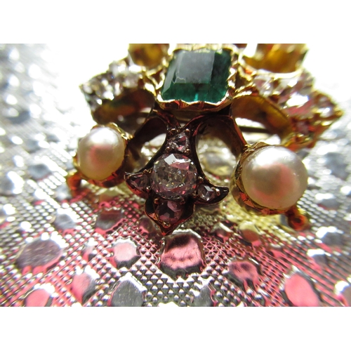 207 - Victorian hallmarked gold brooch set with twenty diamonds centered with an emerald, pearls on separa... 