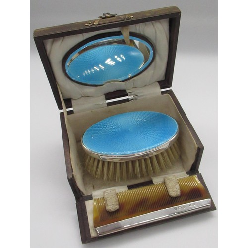 97 - Geo V. hallmarked silver and blue enamel cased hairbrush and comb set by F G Rose, Birmingham, 1927