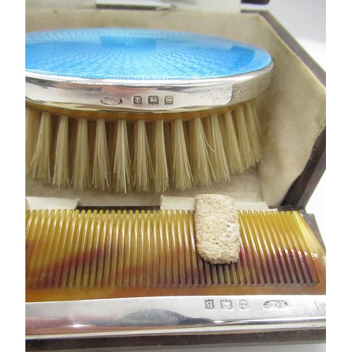 97 - Geo V. hallmarked silver and blue enamel cased hairbrush and comb set by F G Rose, Birmingham, 1927