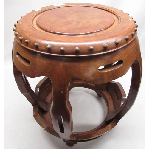 85 - Padouk - far Eastern hardwood stool / occasional table with carved top and pierced sides H47cm W38cm