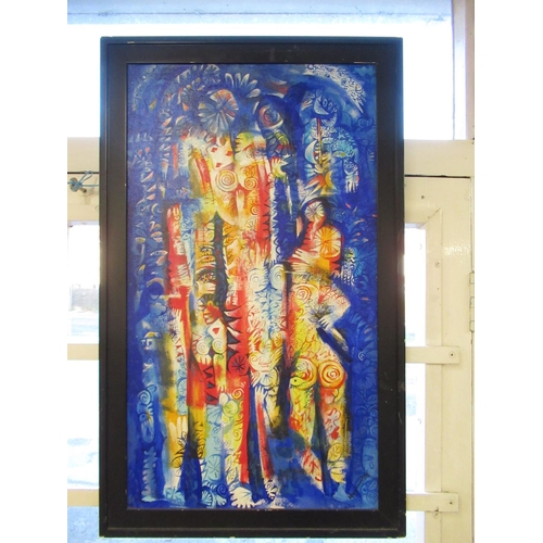 39 - Contemporary school, C20th, Abstract Figures in Blue, oils on board, indistinctly signed, 75cm x 42c... 