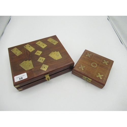 68 - Hard wood and brass cased noughts and crosses set, and card/domino games set (2)