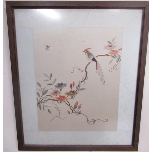373 - Japanese School (C20th); Coloured silk work study of an exotic bird on a flowering branch, 33cm x 26... 