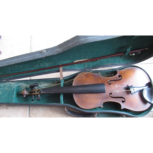 86 - Cased violin and bow (A/F) with two piece back