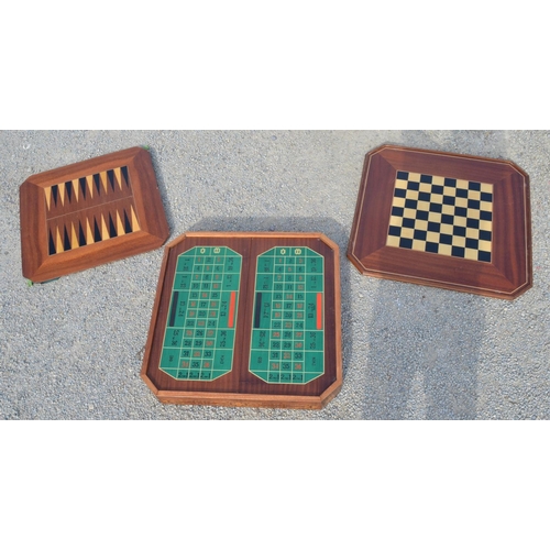 81 - Games compendium table, inlaid lid with chessboard reverse, inner with backgammon board revealing a ... 