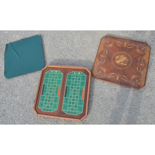 81 - Games compendium table, inlaid lid with chessboard reverse, inner with backgammon board revealing a ... 