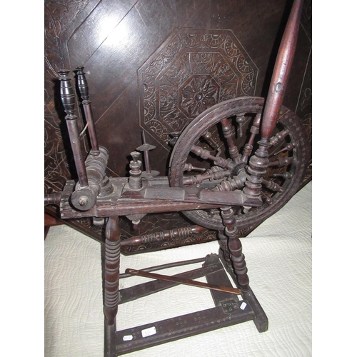 74 - Late C18th turned wooden spinning wheel, loose ring turned baluster spindles on similar supports, wi... 