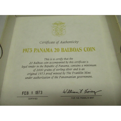 49 - 1973 Panama 20 Balboas silver coin, boxed, complete with certificate dated February 1st, 1973