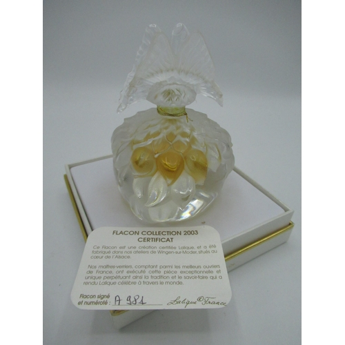 510 - Lalique, Falcon Collection 2003 butterfly scent bottle signed Lalique France, boxed with certificate... 