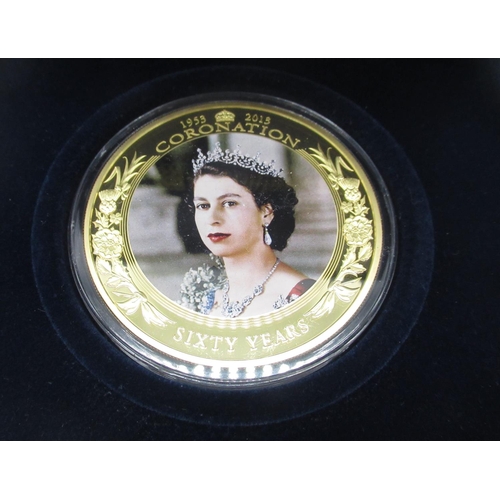 733 - ER.II Coronation Jubilee Silver proof 145g $5 24ct gold plated coin in fitted case with COA 419/2013