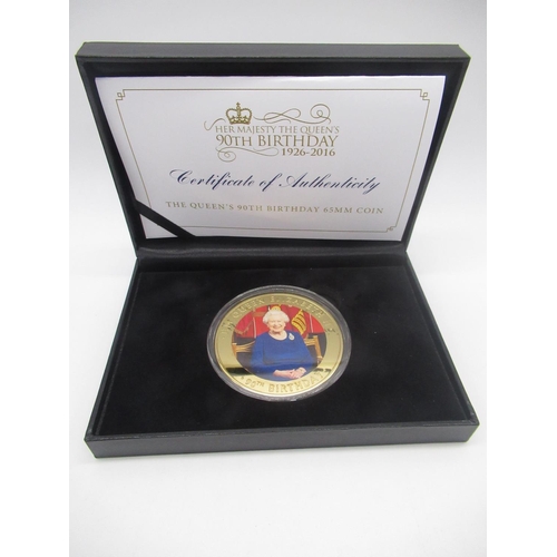 735 - ER.II 90th Birthday Silver proof 110g $2 24ct gold plated coin in fitted case with COA 244/2016