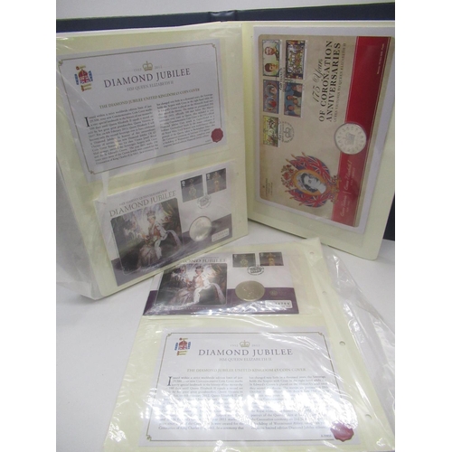 752 - Folder containing 175 Years of Coronation Anniversaries commemorative coins and stamps and two The R... 