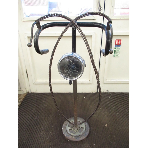 843 - Diesel Punk transport inspired floor lamp, with motorcycle lamp on column support with drop handleba... 