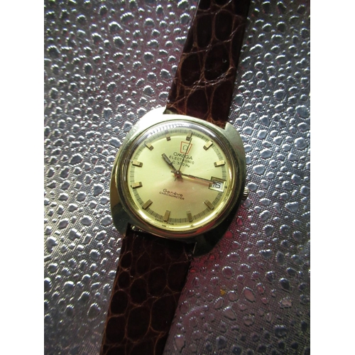 65 - Omega Geneve Electronic F300 Hz Chronometer with date, rolled gold plated case on later leather stra... 