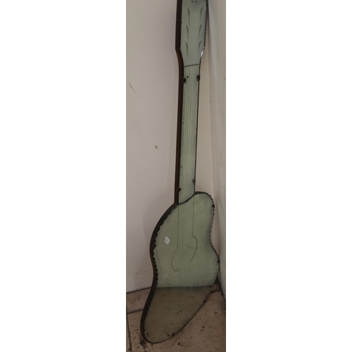 814 - Unusual 1960's wall mirror in the form of an acoustic guitar, L93cm, collection of etched glass incl... 