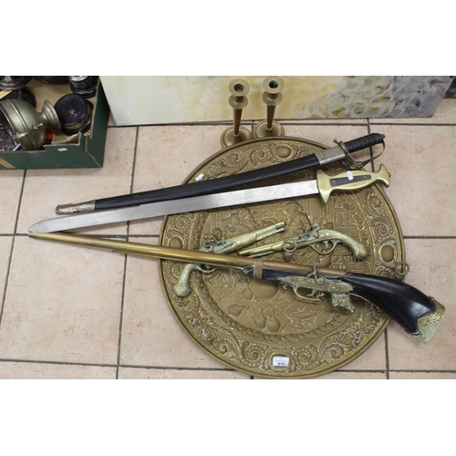 816 - Replica cavalry sword, replica broad sword, pair of brass half cast models of flintlock pistols, rep... 