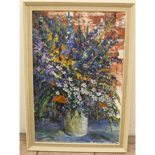 832 - Maxine (late C20th): Still life study of garden flowers in a glass jar, oil on canvas, signed and da... 