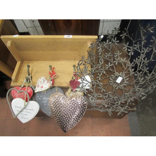 640 - Modern pine coat rack hall shelf W50cm, with hanging hearts and a wire work open basket W46.5cm (2)