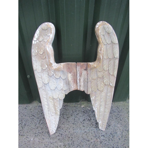 93 - Pair of carved wood angel wings with traces of gilt and polychrome detail W46cm H68cm