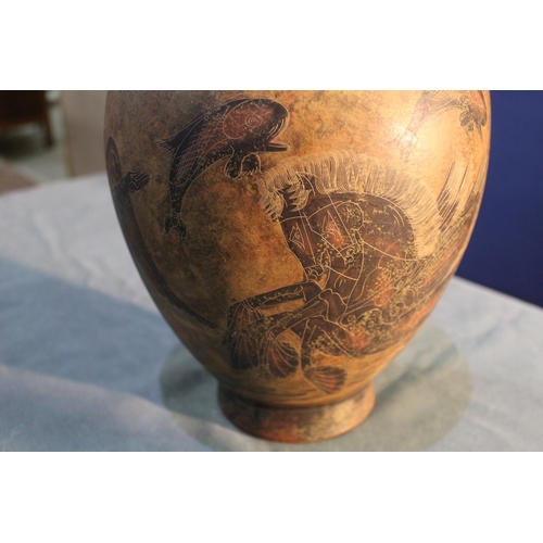 370 - Ancient Grecian style pottery single handled vase, body decorated with mythical sea creatures, inscr... 