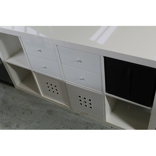 758 - Bathroom cream cabinet with four drawers, four towel compartments, 79cm x 150cm x 39cm