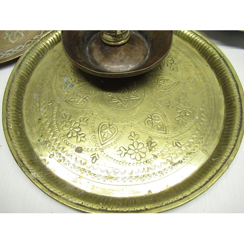 189 - Small early C20th Indo-Persian charger with copper and white metal detailing D26cm, another similar ... 