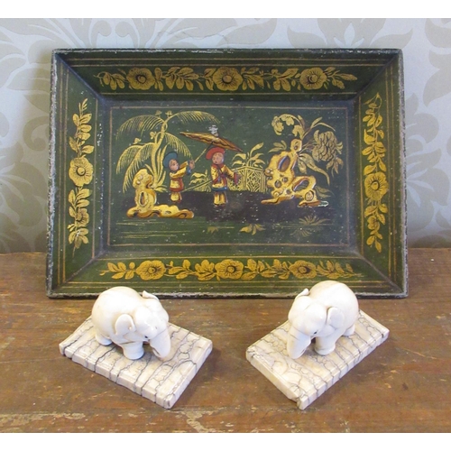 2097 - C20th green Chinoiserie decorated rectangular tray, 26cm 17cm and a pair of Victorian carved bone el... 