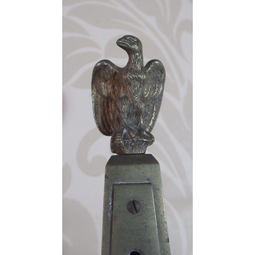 2098 - Victorian brass desk thermometer, on tapering rectangular column with eagle finial on square polishe... 