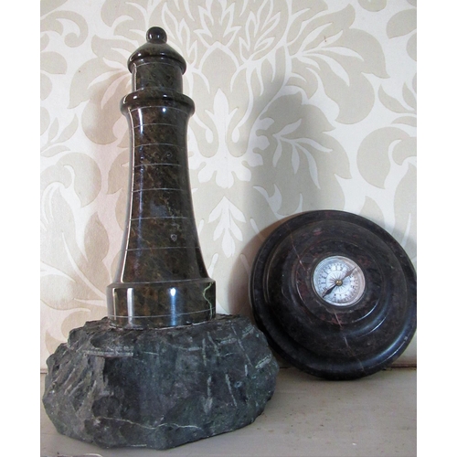 2102 - Cornish polished marble model of a lighthouse on unpolished base H20cm, a serpentine polished marble... 