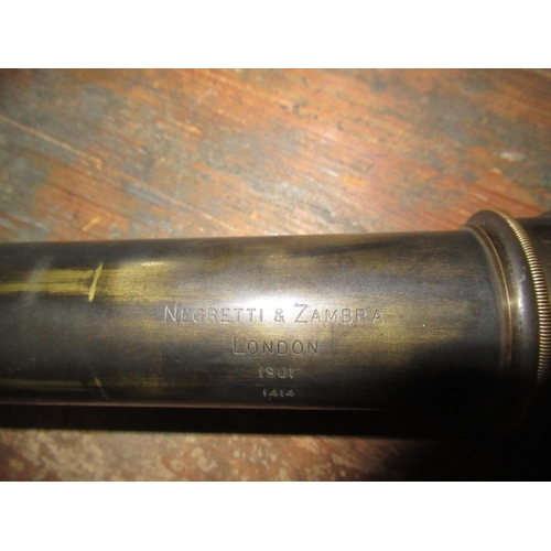 2105 - Negretti & Zambra of London 1901 brass and leather cased three draw telescope stamped 1414, with sha... 