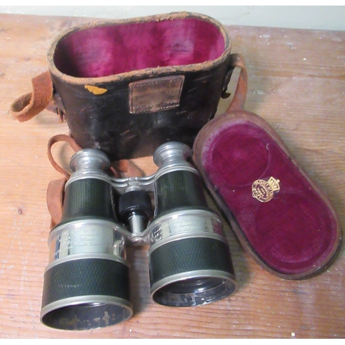 2112 - Pair of Troughton & Simms chromed and green leather binoculars, the shades revealing presentation en... 