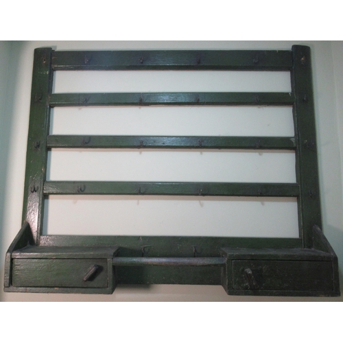 2118 - Vintage green painted pine wall rack, four tiers with six iron hooks above two drawers, W99cm H84cm