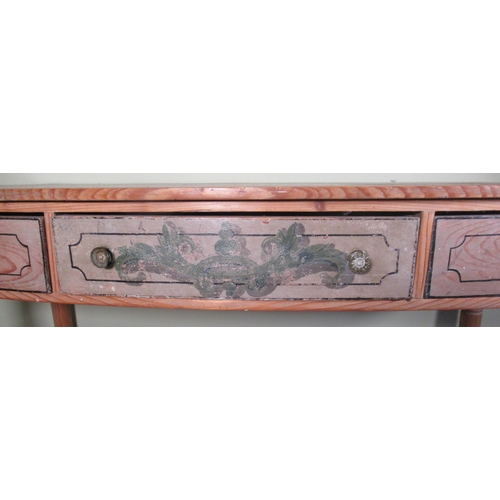 2042 - C19th pitch and waxed pine bow front side table, the three frieze drawer drawers painted with flower... 