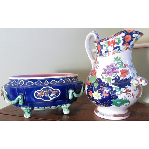 2049 - Victorian wash stand water jug, polychrome decorated in Imari style, H38cm and a Majolica style rect... 