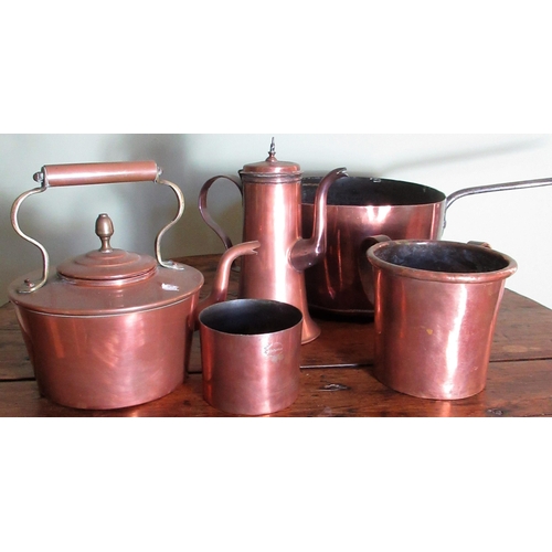 2054 - Collection of C19th and later copper, including an oval saucepan with cast iron lid W31cm, a kettle ... 