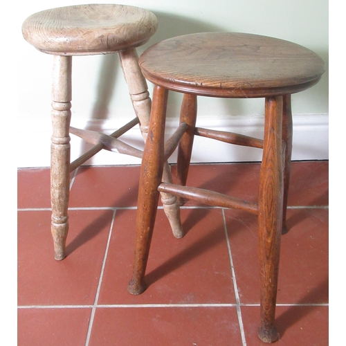 2059 - Victorian beech stool with circular elm top on four supports with stretcher, and a similar early C20... 