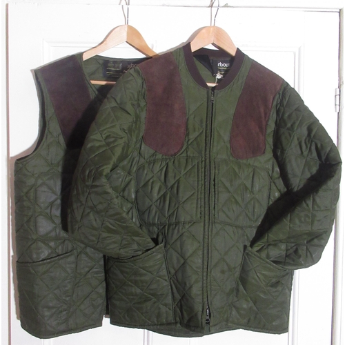 2077 - Barbour green quilted shooting jacket with suede shoulder patches and elasticated cuffs, similar wai... 