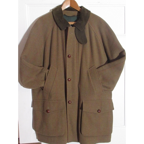 2080 - Daks Signature tweed shooting coat with cord collar and two hand warmer pockets, fly front, size 52