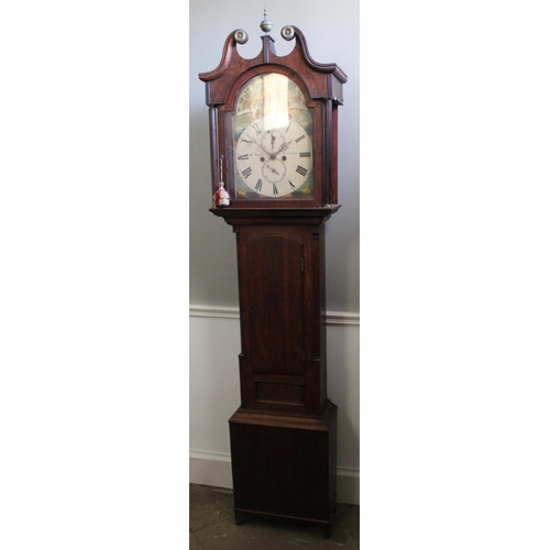 2065 - C19th Scottish oak long cased clock, arched 15in painted Roman dial with subsidiary seconds and date... 