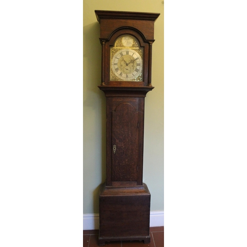 2002 - Geo.III oak long case clock, arched brass 15in dial with faux date dial, silvered Roman chapter and ... 