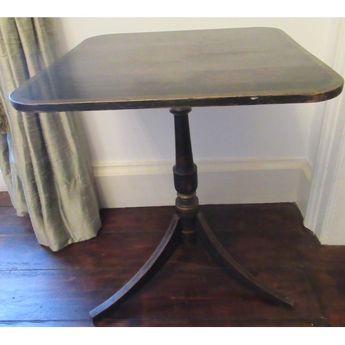 2013 - Regency black painted oak tripod table, square top on slender vase turned column support and three o... 