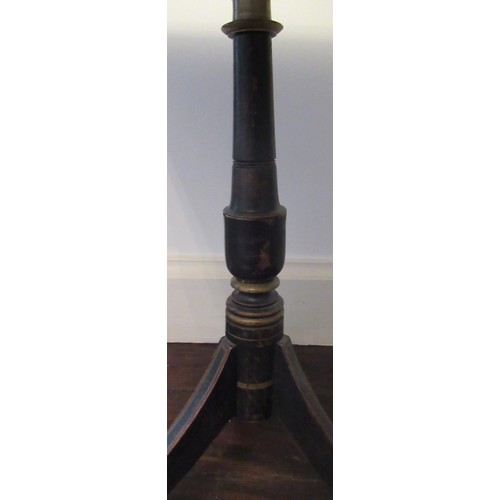 2013 - Regency black painted oak tripod table, square top on slender vase turned column support and three o... 