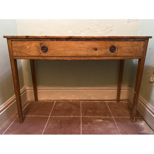 2121 - Victorian pine bow front single drawer side table on square tapered supports, W110cm D53cm H74cm