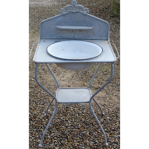 3364 - Early C20th metal washstand with splash back and floral design, complete with enamel bowl, H110cm W6... 