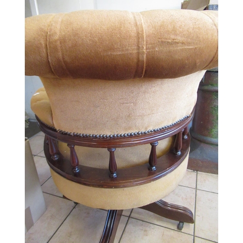51 - Reproduction mahogany captains chair upholstered in beige fabric, H93cm