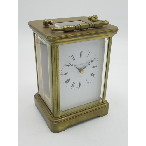 14 - Swiss, retailed by Matthew Norman, London, C20th brass cased carriage clock timepiece with visible p... 