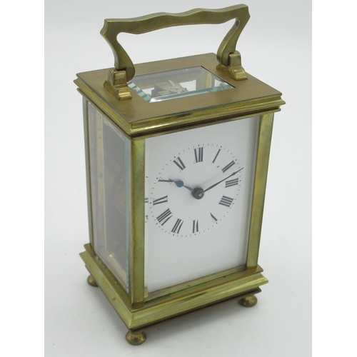 24 - C20th brass cased carriage clock timepiece with visible platform lever escapement, W7.7cm D6.4cm H12... 
