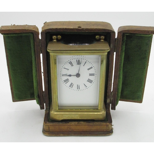 3 - Early C20th French brass cased carriage clock timepiece with visible cylinder escapement, movement s... 