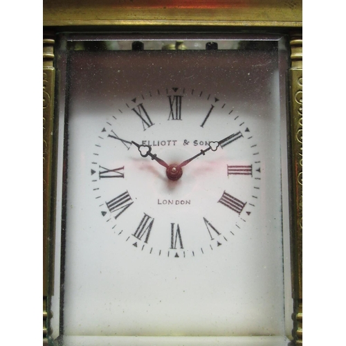 35 - Elliott & Son London C20th brass cased carriage clock timepiece of small proportions with engraved d... 